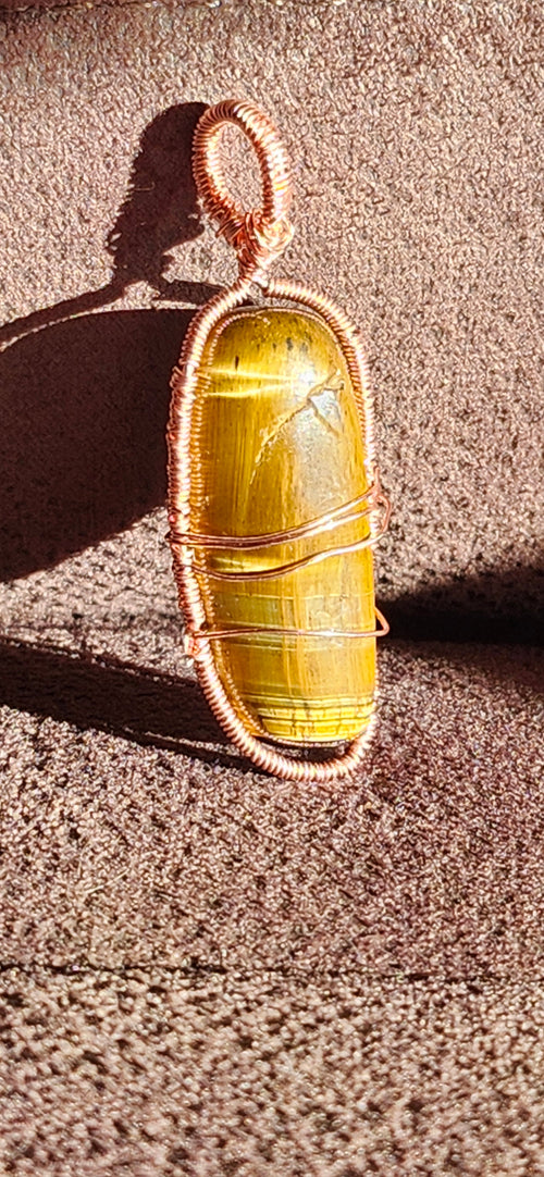 Handmade Copper Wire Wrapped Tigers Eye Pendant Necklace